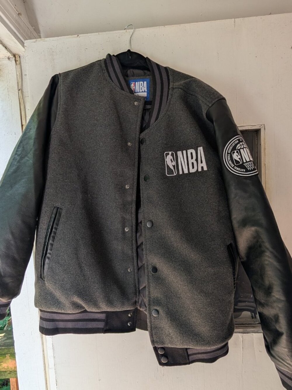 NBA Men's Varsity Jacket L Gray Black Faux Leather Sleeves Quilted Lined NWT